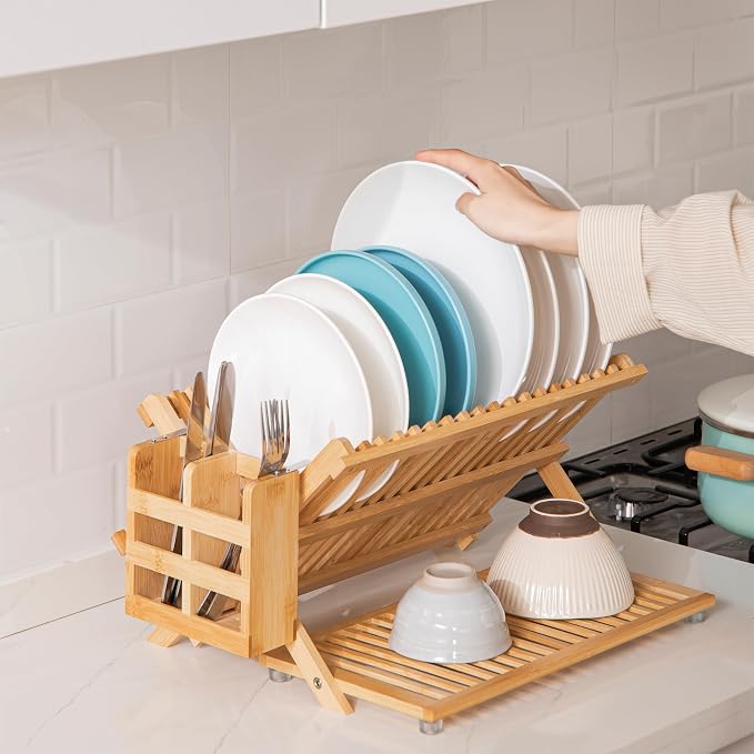 HBlife Bamboo Dish Drying Rack with Utensil Holder, 3-Tier Large Collapsible Wooden Dish Drainer Rack, Folding Drying Holder Dish Drainer for Kitchen Counter - Image 6