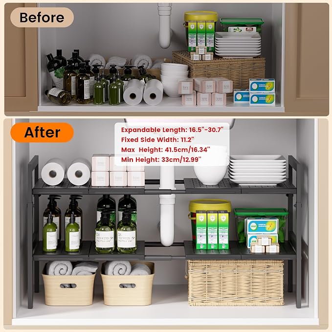 Under Sink Organizer and Storage 16.5"-30.7" Expandable Length, Adjustable Height Max 16.7" Under Sink Shelf 2 Tier with Removable ABS Panels Metal Frame for Bathroom Kitchen Pantry Cabitnet Pot Pan - Image 7