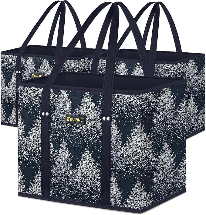 BALEINE 3PK Reusable Grocery Bags, Heavy Duty Shopping Tote Bag | 12'' Long Handles, Reinforced Bottom Keeps Upright, Fold Flat Storage, Water-Resistant Shopping Bag, Multiple Color Options by BALEINE