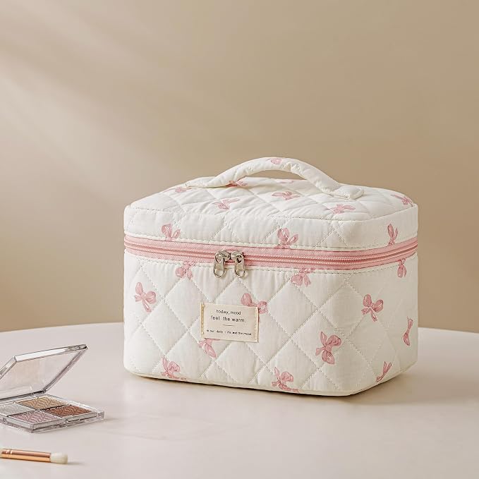 HBselect Quilted Makeup Bag, 3Pcs Cotton Large Travel Makeup Bags Organizer | Cute Floral Make up Bag Cosmetic Bag Toiletry Bag for Women Girls, Makeup Pouch for Skincare, Brushes & Travel Essentials - Image 5