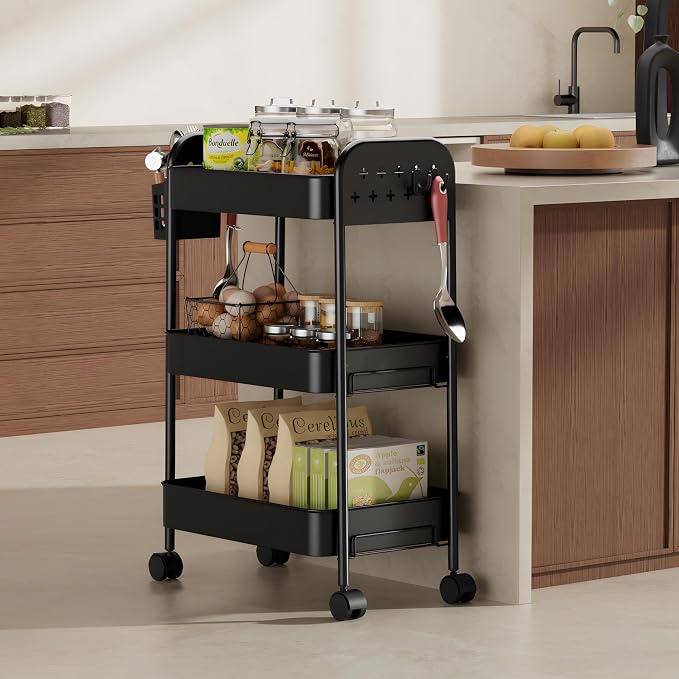 Heavy-Duty Rolling Cart 3 Tier Metal Utility Storage Cart | with Casters, Hooks & Hanging Cups, Rolling Storage Organizer for Kitchen Office Craft Snack Book - Image 4