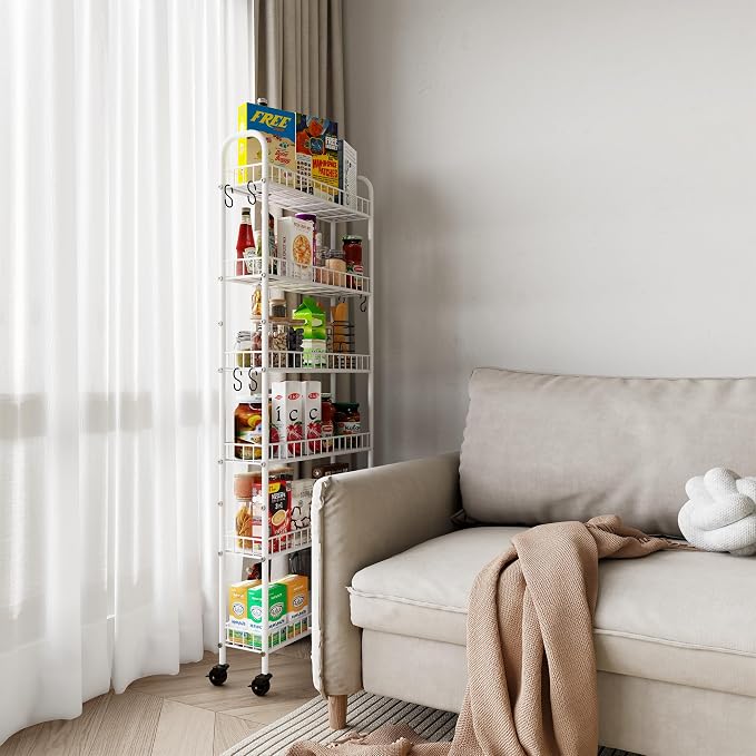 6 Tier Slim Rolling Storage Cart with Wheels, Metal Mobile Shelving Unit Organizer Utility Cart for Office Bathroom Kitchen Laundry Room Narrow Places (White 6 Inches) - Image 9
