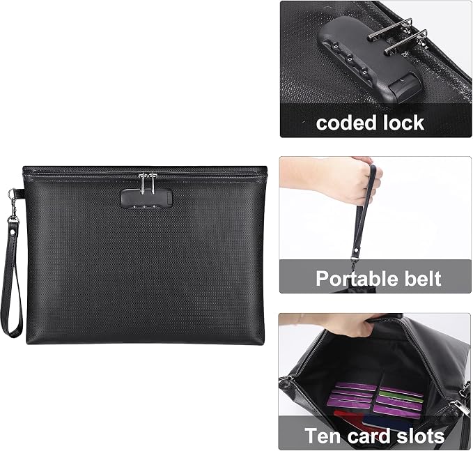 Fireproof Document Bag with Lock,Waterproof Money Pouch,14.3"x10.2" | Zipper Closure, Portable Safe Storage for Letter Size Files, Cash, Cell Phone, Tablet, Credit Card, Passport, Black - Image 4