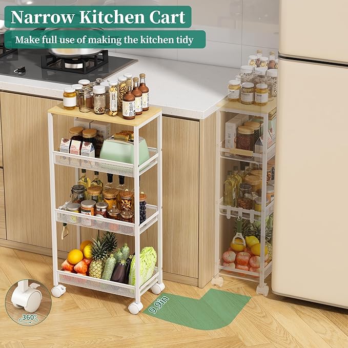 4-Tier Slim Utility Rolling Laundry Cart with Wheels, Easy to Assemble | 9.1" Wide for Narrow Spaces, Wood Top with Metal Frame, Mobile Storage Shelves for Bathroom, Kitchen, Office - Image 5