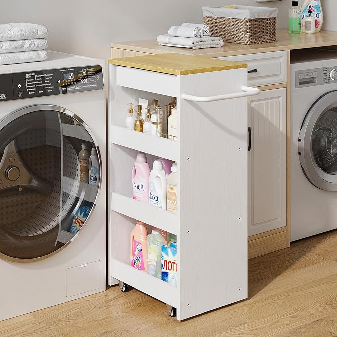 IRONCK Slim Storage Rolling Cart with Drawer and Handle, 11.8" W White | Wood Storage Cart on Wheels with Handle, 4 Tier Utility Cart Compact 11.8" Wide, Fits Kitchen Laundry Bathroom - Image 8