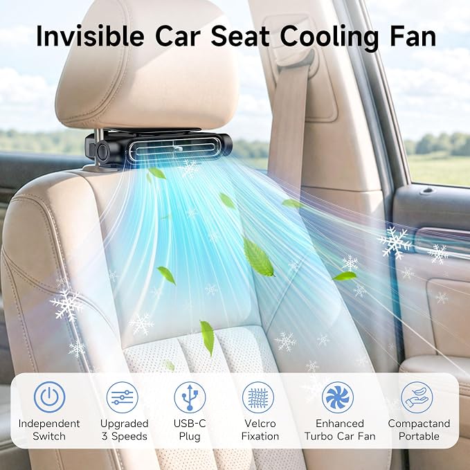 ViSSKO 2026 Car Fan for Backseat, USB Invisible Car Headrest Cooling Fan for Kids Replace Ventilated Seats with 3 Speeds Fit in Most Cars Vehicle Jeep Van RV Truck - Image 6