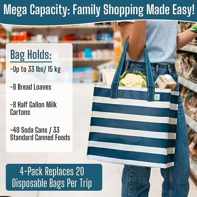VENO 4 Pack Large Grocery Bag Reusable Shopping Bags with Hard Bottom | Utility Tote w/ Reinforced Handles, Heavy Duty, Foldable, Stand Upright, for Groceries Shopping Cart(Classic Navy Stripe) - Image 4