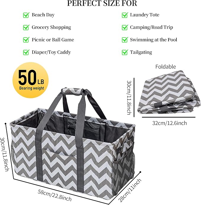 Extra Large Utility Tote Bag, Reusable Grocery Bags Foldable,Upgraded Metal Frame, With Sturdy Handles Reinforced Bottom Heavy Duty Oxford Fabric Moving Shopping Bags, Grey and White Ripples - Image 5