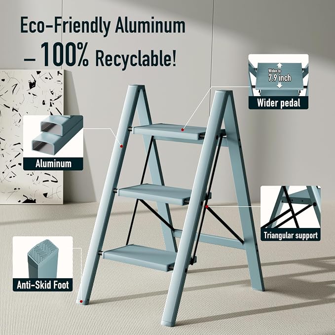 Mayi Plus 3 Step Stool Foldable, Aluminum, Lightweight Step Ladder | Extra-wide anti-slip folding steps with 330 lbs, for home,kitchen,office,outdoor,office,Blue - Image 3