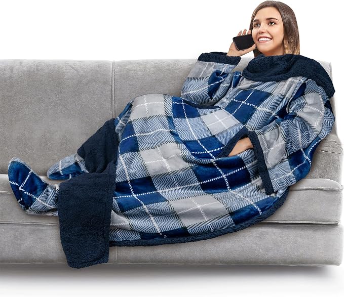 PAVILIA Sherpa Blanket with Sleeves, Foot Pocket for Women Men Adults, Thick Wearable Blanket Throw Wrap, Fleece Warm Snuggle Blanket Robe, Cozy Gift Ideas Wife Mom, Plaid Blue by PAVILIA