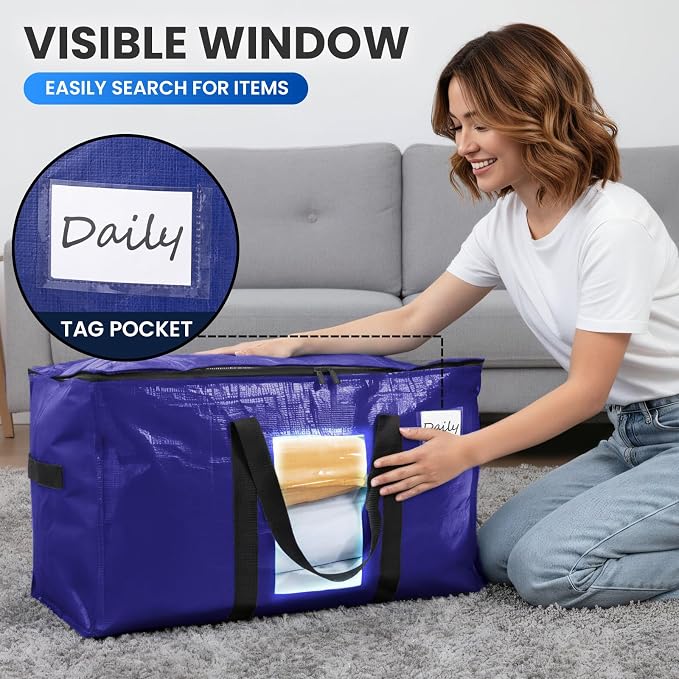 TAILI 6 Pack Dark Blue XXL Moving Bags,Storage Bags with Visible Window | 93L Heavy Duty Totes For Storage,Wrap Around Handles,Alternative to Moving Boxes, College Dorm,Perfect for Moving - Image 5