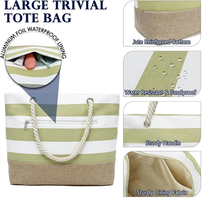 Fammart Beach Bags Waterproof Sandproof for Women, Large Canvas Pool Bag with Leakproof Wet Pocket & Zipper Cruise Essentials - Image 6