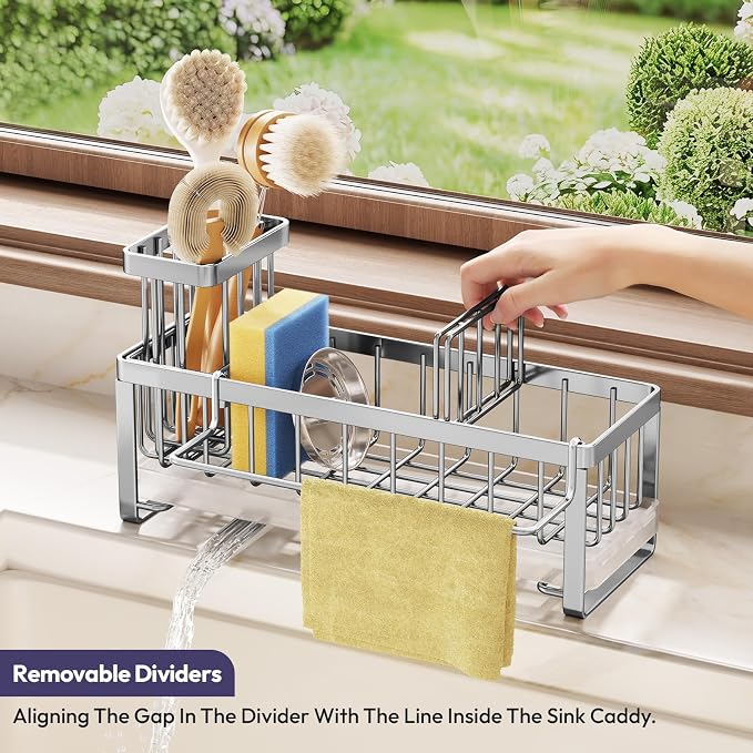 SWTYMIKI Sponge Holder for Kitchen Sink - Sink Caddy with Brush Holder Self-draining Sponge Caddy Organizer with Divider Stainless Steel Kitchen Accessories Storage for Countertop, Silver - Large - Image 4