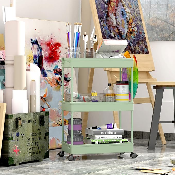 SPACEKEEPER 3 Tier Rolling Cart, Bathroom Cart Organizer with Wheels, Green | Mobile Storage Cart for Laundry Room Organization,Kitchen,Office,Bathroom, Utility Cart for Snack,Craft,Art,Makeup,Nail,Toys - Image 2