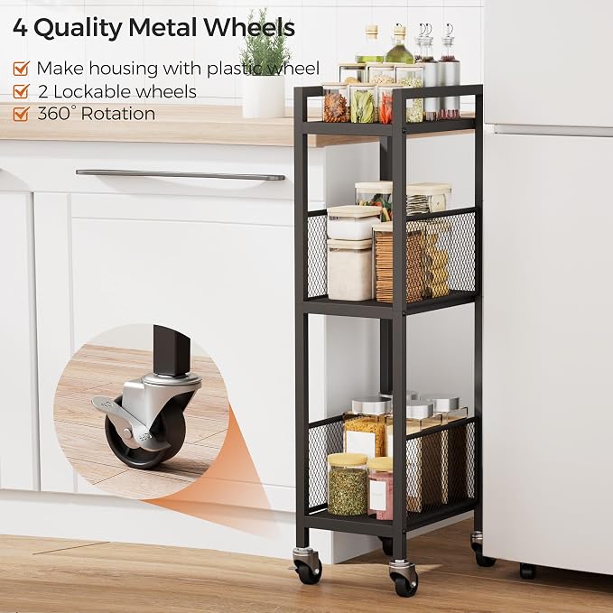 3-Tier Expandable Storage Shelving Unit,Slim Storage Cart,Metal | Adjustable Width 8.3" to 12.6", Bathroom Shelves, Narrow Shelf,Rolling Utility Cart, for Laundry, Bathroom,Small Spaces Black - Image 5