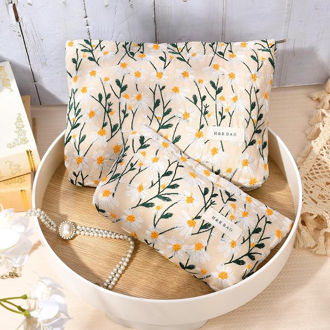 SOIDRAM 2 Pcs Makeup Bag Large Cosmetic Bag Toiletry Bag Makeup Pouch Travel Bag Organizer Cute Makeup Brushes Aesthetic Accessories Storage Bag for Women Daisy Embroidery - Image 2