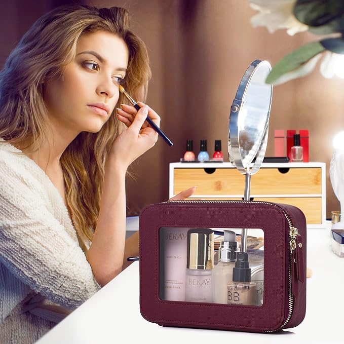 Pinkmik Clear Makeup Bag, (Burgundy, M+MINI) | 2PC,Waterproof, Travel Case for Cosmetics and Toiletries, Women's Purse Organizer, Clear Car Bag with Zipper - Image 3