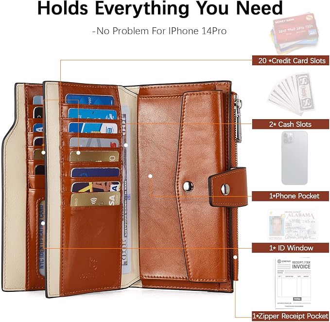 BOSTANTEN Womens Leather Wallet RFID Large Capacity Credit Card Holder | 20 Card Slots, Phone Holder, Zipper Coin Pocket, Clutch Wallet, Long Bifold, Ladies Gifts, Beige-Brown - Image 2