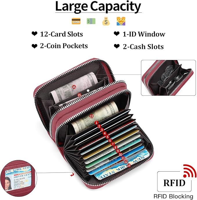 RNIEGA Credit Card Holder Wallet RFID Blocking Leather Small Wallet for Women Double Zipper Wallet with ID Window - Image 3