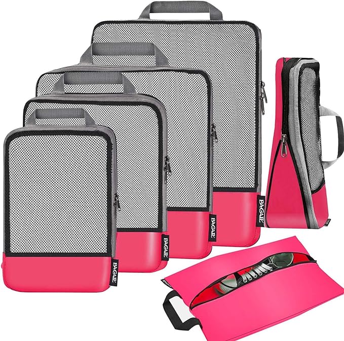 BAGAIL 4 Set/6 Set/8 Set Compression Packing Cubes Travel Accessories Expandable Packing Organizers (Half Mesh, 6-Fuchsia) by BAGAIL