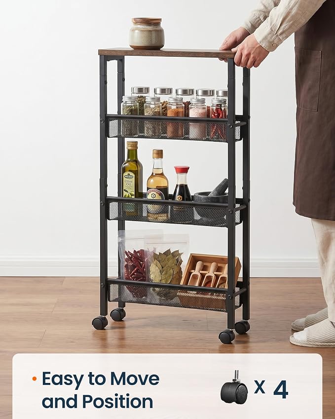 SONGMICS HOME Slim Rolling Cart, 4-Tier Storage Cart with Wheels and Handle, Narrow Utility Cart for Kitchen, Living Room, Brown and Black - Image 5
