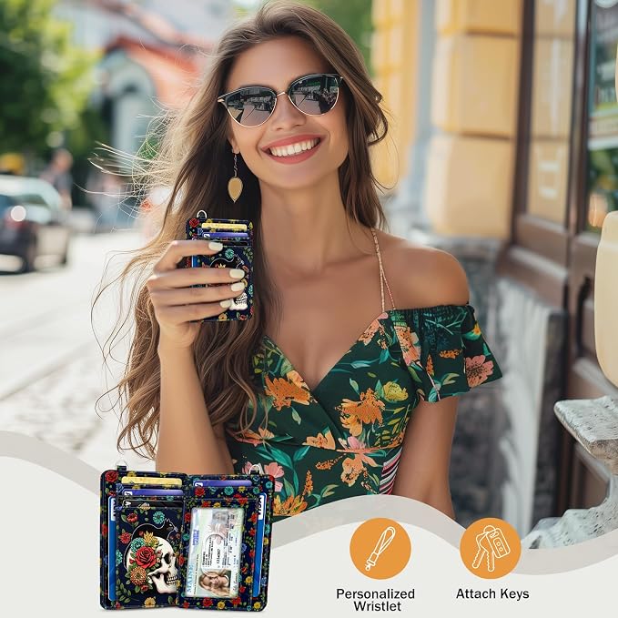 Yonlevres Cat Skull Credit Card Holder Slim RFID Wallet Women Small Travel | Front Pocket, Handy, RFID Blocking, Woman Girls Ladies Gifts, D-ring for Keychain,Thin Mini Card Case, ID Window, PU Leather - Image 2
