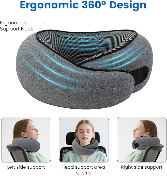Travel Pillow Memory Foam Neck Pillow for Airplanes Long Flight Comfort 360° Support Airplane Pillow Design for Car Rides, and Home Use Travel Essentials, with Eye Mask, Earplugs and Storage Bag Large - Image 4