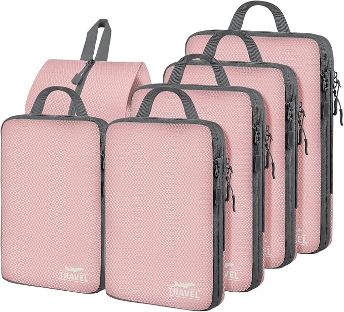 6 Set Compression Packing Cubes, Suitcase Organizer, Lightweight Travel Essentials, Compression Bags For Travel Accessories Luggage Storage Set (6Pcs, Grayish pink) by Unknown