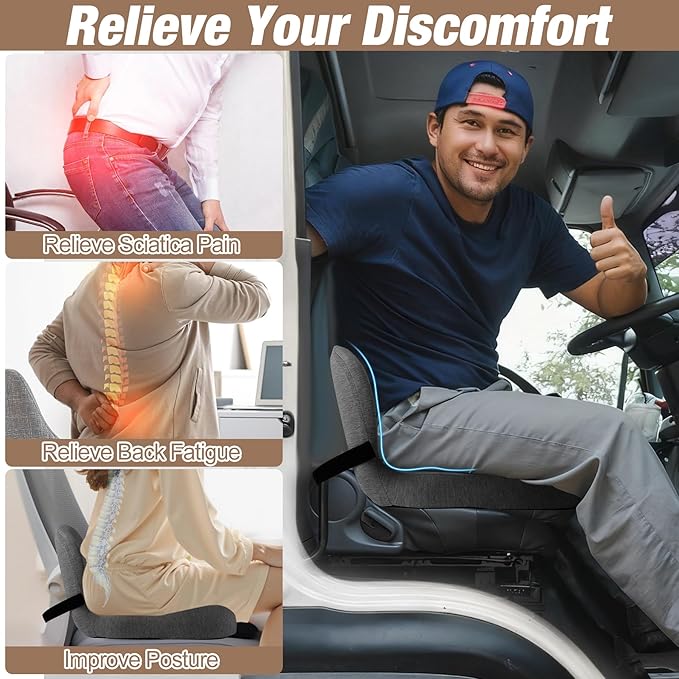 Truck Seat Cushion, Memory Foam Trucker Seat Cushion for Truck Driver Long Sitting with Adjustable Strap, Back Support and Pain Relief for Trucker Driving Office Chair and Pain, Dark Gray - Image 4