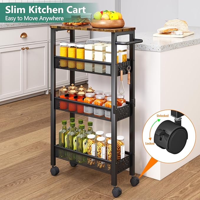 Vivihomety 4-Tier Slim Utility Rolling Laundry Cart with Wheels, Metal | Narrow 7.1" wide, Lockable wheels, wood top panel, metal frame, with handle, for laundry, bathroom, kitchen, black - Image 7