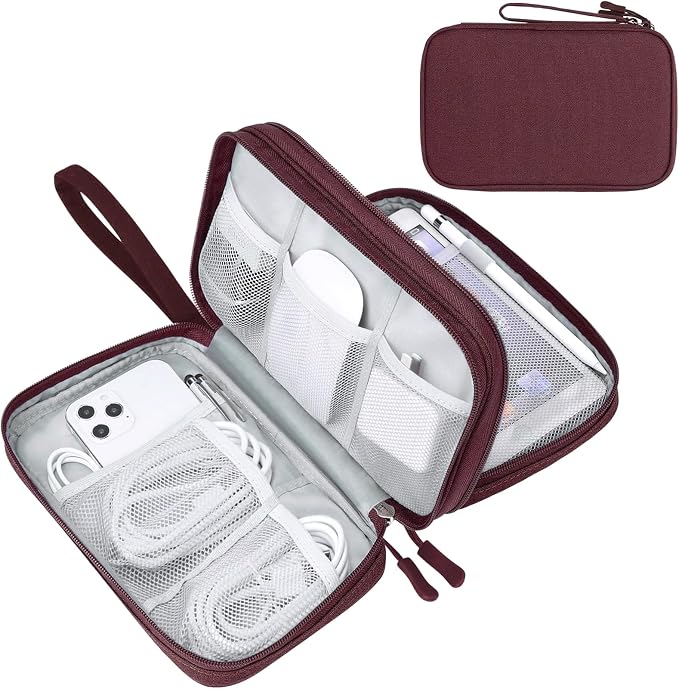 FYY Electronic Organizer, Travel Tech Pouch Bag, Large, Wine Red | Wrist Strap, Waterproof, Double Layers Portable Electronics Travel Carrying Case for Cord, Charger, Daily Business Trips Use by FYY