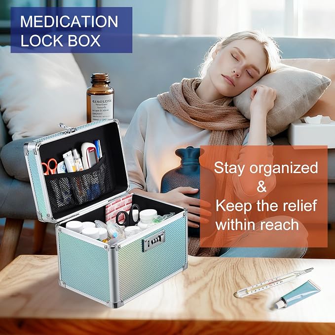 Lockable Medicine Storage Box - Turquoise Cabinet Med Lock Organizer, 10 x 7 x 7.9 Inches Safe Med Case with Lock for Home, Dorm, Office, or Travel - Image 3