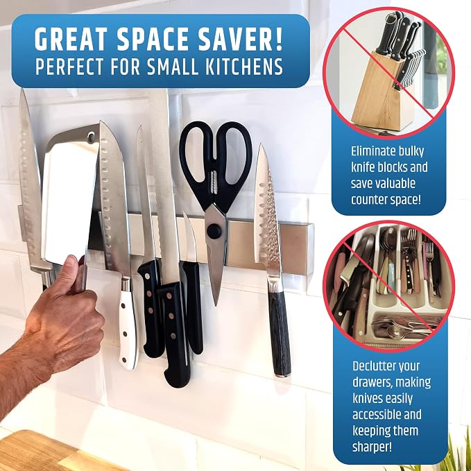 17" Strong Adhesive (No Drill) Magnetic Knife Holder for Wall - Professional Knife Strip - No Screws Needed - Adhesive Backing - Stainless Steel Knife Bar (Upgraded Version – Will Not Fall) - Image 7