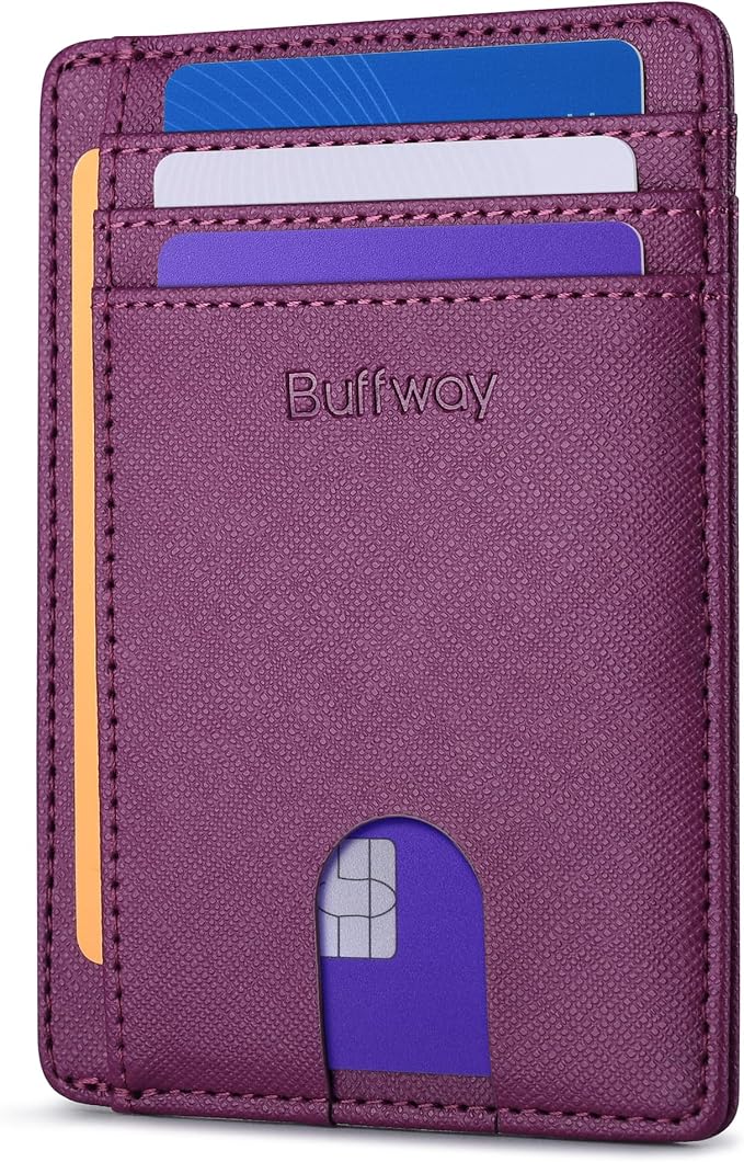 Buffway Slim Minimalist Front Pocket RFID Blocking Leather Wallets for Men and Women - Cross Purple by Buffway