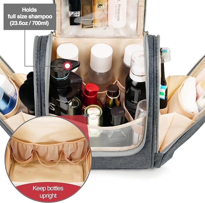 Hanging Travel Toiletry Bag for Women and Men, 6 Organizer Compartments, Extra Large Toiletries Bag, Bathroom Cosmetic Bag, Water-resistant Makeup Bag, Holds Full-Size Shampoo, Grey - Image 2