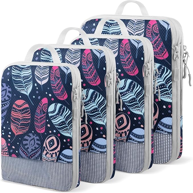 4 Set Compression Packing Cubes, Suitcase Organizer, Lightweight Travel Essentials, Compression Bags For Travel Accessories Luggage Storage Set (4Pcs, feather) by Unknown