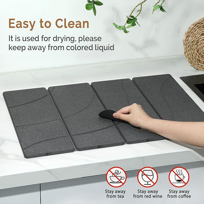 Large Stone Dish Drying Mat for Kitchen Counter, 2 PCS Quick Dry Stone Mats, Foldable Water Absorbing Diatomaceous Earth Drying Dishes Pad for Countertop Bottle Utensil Cup(Carved Gray 24"x16"&8"x4") - Image 5