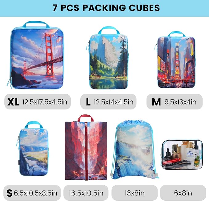 PFEYRPK Lightweight Compression Packing Cubes for Suitcases, Compressible Expandable Travel Packing Organizer with Clear Toiletries and Backpack Bag, Travel Essentials for Carry on Luggage 7 Set - Image 6