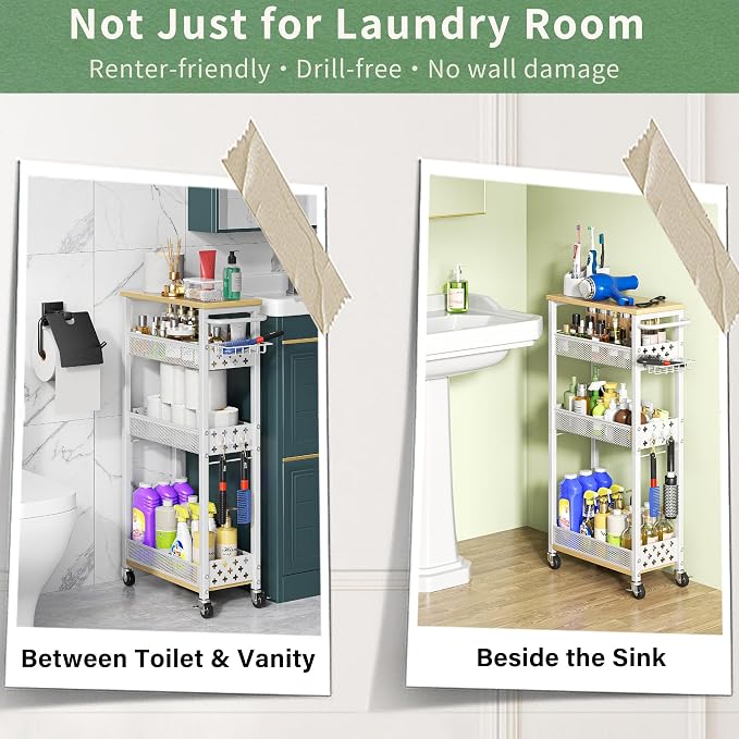 OKZEST Slim Laundry Room Organization Cart with Detergent Dispenser Holder | Holds tall bottles, Upgraded metal hub casters, 4-Tier space-saving narrow rolling cart, Premium wood & metal mesh shelves - Image 9