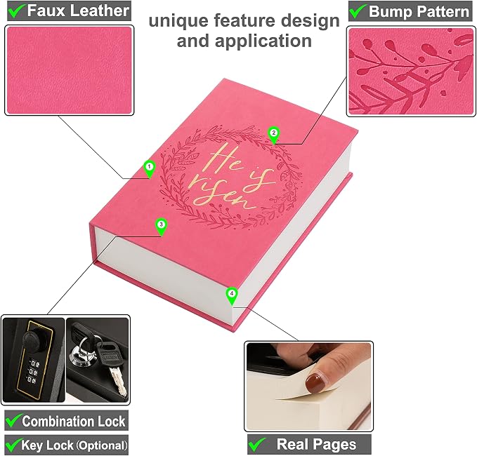 He is risen Leather Cover Real Pages Book Safe with Combination Lock,Large Lock box,Hidden Safes for Money - Image 2