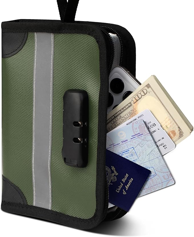 Fireproof Money Bag with Lock (1.6x8.7x6.3 In), Waterproof Document Holder with Zipper & Reflective Strip, Fire Safe Storage Pouch for Cash Passport Cards & Valuables, Home Safe Accessories by Unknown