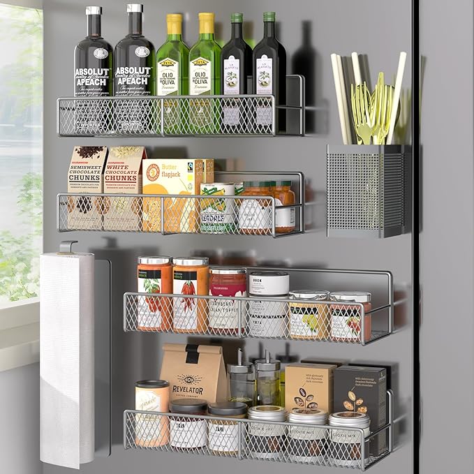 Magnetic Spice Rack for Refrigerator, 6 Pack Metal Magnetic Shelf Grey, Moveable Spice Organizer, Strong Magnetic Storage Fridge Organizer with Paper Towel Holder, Utensils Holder by DTUQYX