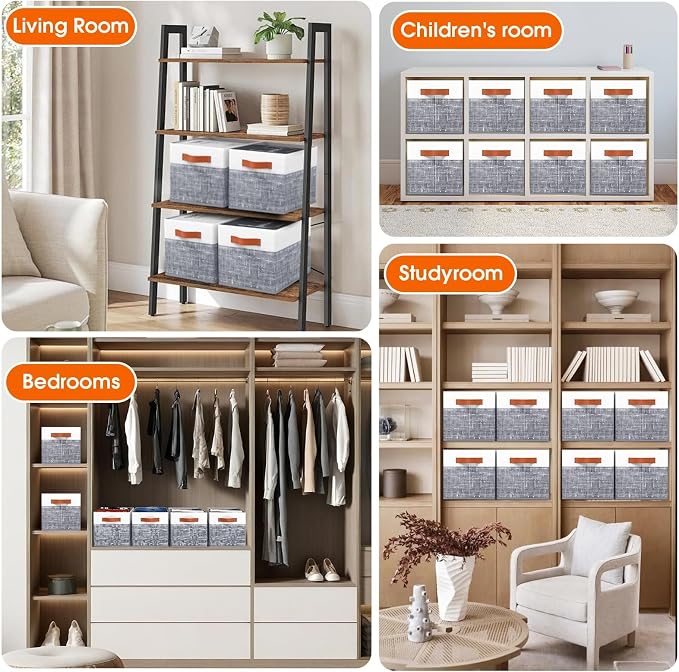 Collapsible Storage Baskets for Shelves,14"x10", 8 Pack Foldable Fabric Storage Bins with Double Leather Handles, Large Baskets for Organizing Books, Clothes, White & Grey - Image 5