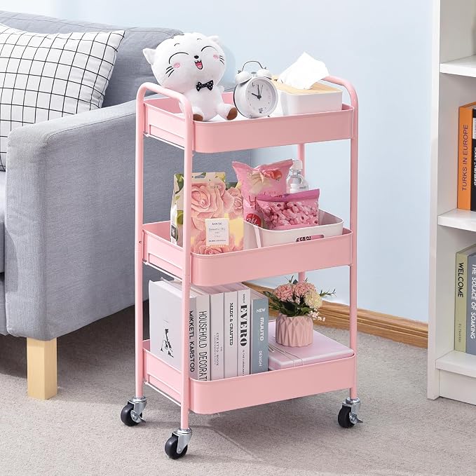 TOOLF 3 Tier Metal Rolling Cart, Utility Storage Cart with Wheels, Pink | Screwless Assembly, Lockable Metal Wheels, Trolley Organizer for Bathroom, Kitchen, Office, Dorm, Laundry, Craft Room - Image 7