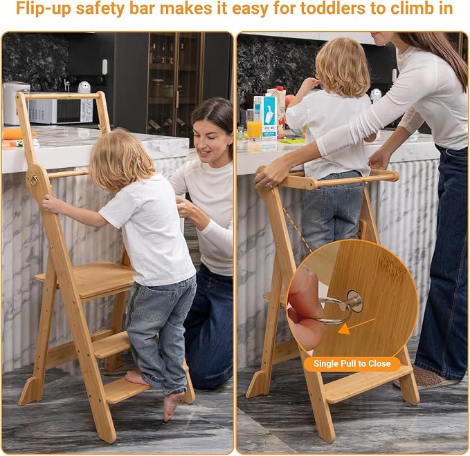 COSYLAND Toddler Standing Tower Foldable Toddler Kitchen Step Stool | Adjustable Height Folding Step Stool for Kids Learning and Cooking - Ages 18 Months to 6 Years with Safety Net Natural - Image 6