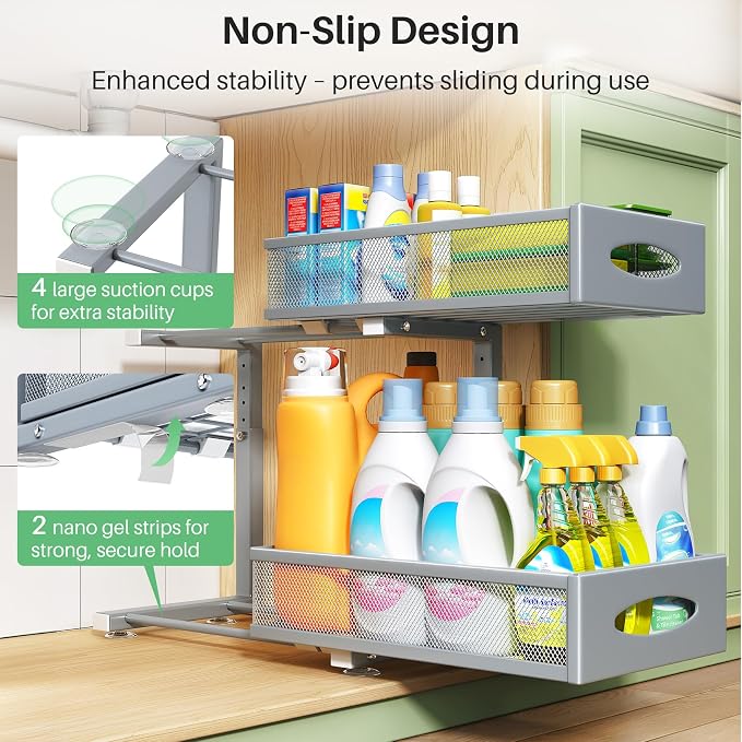 2 Pack Under Sink Organizer, 2 Tier Pull out Cabinet Organizer Mesh Baskets with 5 Adjustable Heights, Sliding Drawers Storage Shelf for Home, Kitchen, Bathroom, Pantry, Office, Countertop ,Grey - Image 6