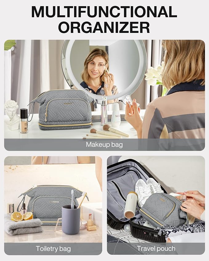 BAGSMART Travel Makeup Bag, Cosmetic Bag Make Up Organizer Case, Large Wide-open Pouch for Women Double Layers Purse for Toiletries Accessories Brushes Greey - Image 4