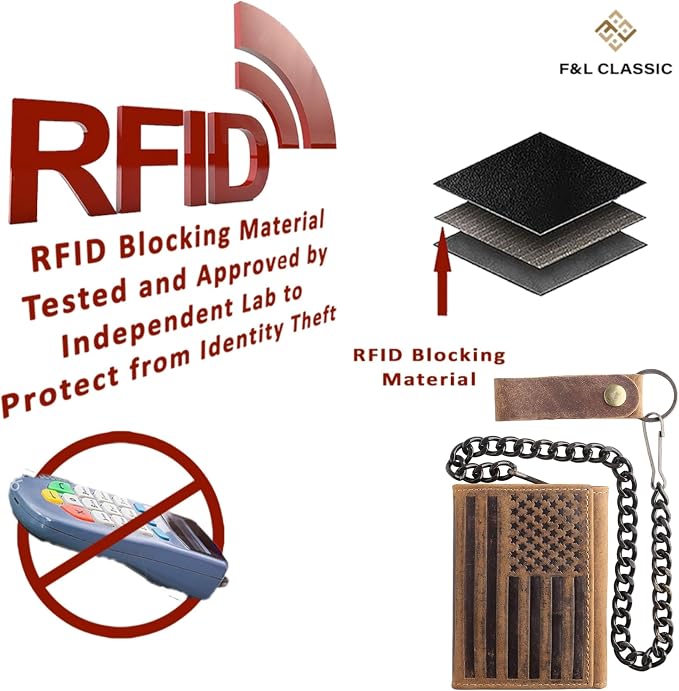 F&L CLASSIC RFID Blocking Men's Tri-fold Vintage Biker Cowhide Leather Steel Chain Wallet,Snap closure, brown,flag,315-100 - Image 7