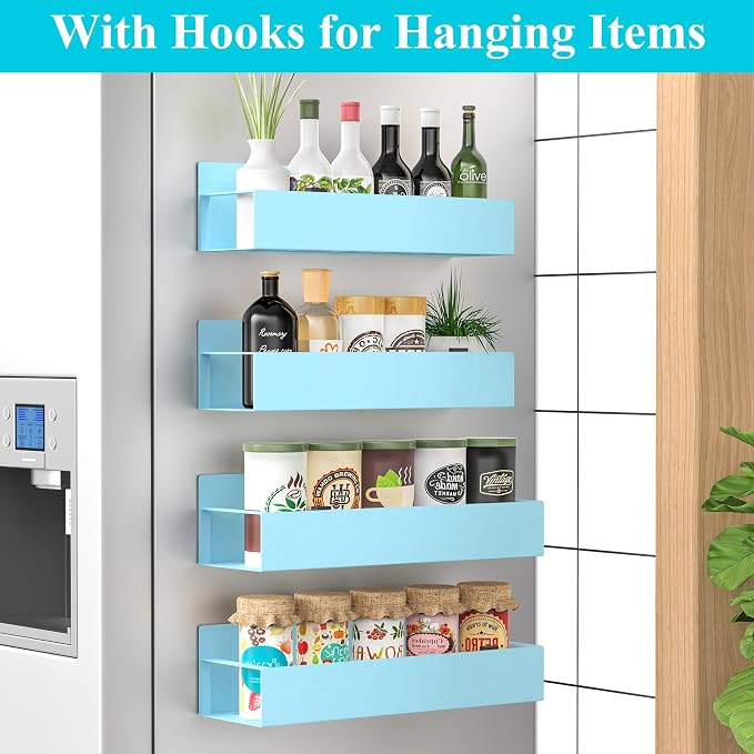 HuggieGems Metal Magnetic Spice Rack for Refrigerator Blue, 4 Pack | Magnetic Shelves Heavy Duty for Fridge in Kitchen, Seasoning Storage Organizer, For Oven Washer and Dryer, For Heavier Items - Image 2