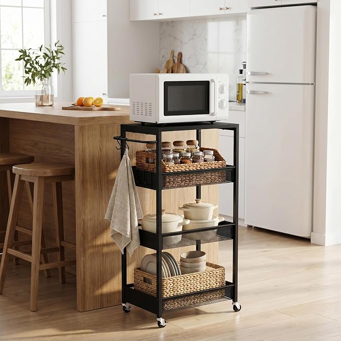 Rolling Utility Cart, 4 Tier Metal Storage Cart with Handle and Wood Top, Multifunctional Mobile Shelf Unit Organizer Trolley for Laundry, Bathroom, Kitchen - Image 5